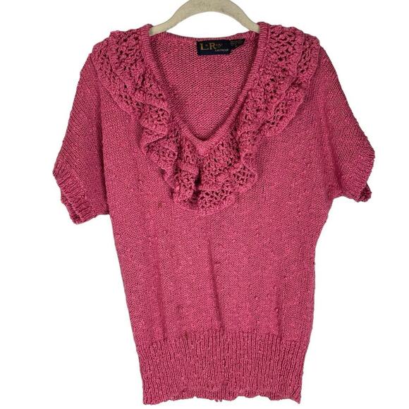 Vintage Le Roy pink crochet collar short sleeve sweater - Picture 1 of 8